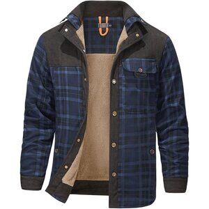 Men's Blue Long Sleeve Sherpa Lined Flannel Shirt Jacket Fleeces